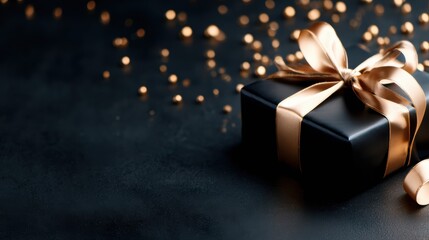Fototapeta premium A beautifully wrapped black gift box adorned with a golden ribbon and embellishments, evoking a sense of luxury and anticipation, perfect for any special occasion.