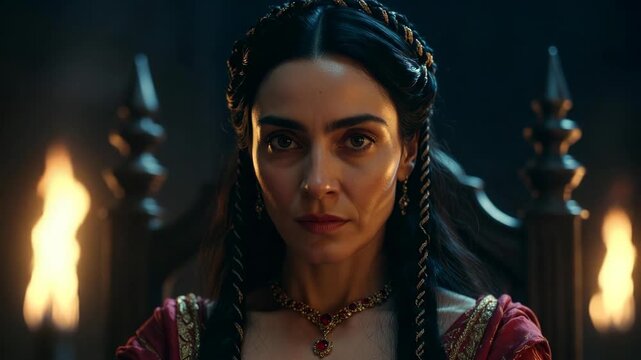 Regal woman in ornate attire seated on a throne in cinematic style against a dark firelit hall, concept of royalty and power