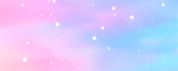 Fototapeta premium Pastel pink sky with fluffy clouds and glittering stars creates a dreamy gradient backdrop perfect for princess-themed designs and fairytale atmospheres. Vector Illustration.