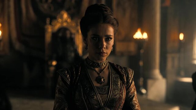 Elegant woman in rich medieval attire stands in dimly lit grand hall against warm background, concept of royalty and power