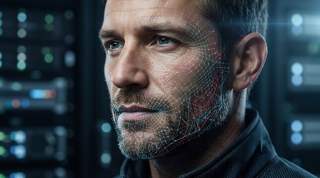 Man's face with digital facial recognition grid overlay in a server room