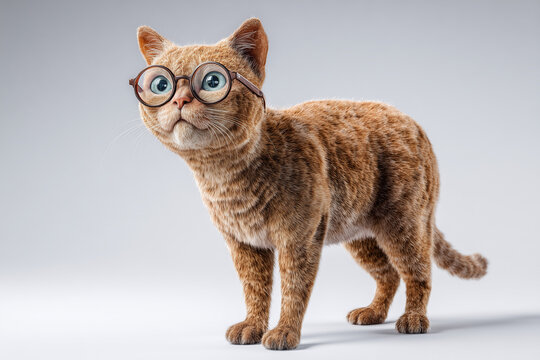Funny AI-generated image of a fluffy ginger tabby kitten standing and wearing oversized round glasses. Adorable nerdy orange cat looking up with a curious expression on a clean studio background.
