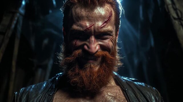 A fierce bearded man with facial scars shown in a cinematic style on a dark background, conveying strength and resilience