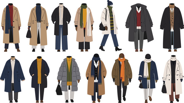 Stylish winter outfits collection with coats scarves and layered clothing isolated on white background fashion vector illustration set