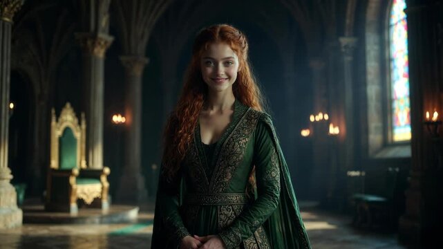 A woman in medieval dress stands in a castle hall in photographic style against a gothic background, concept of fantasy royalty