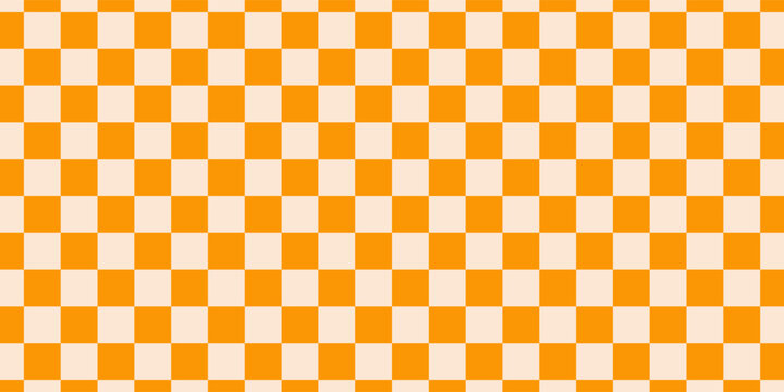 Seamless orange liquid checkerboard pattern. Repeated distorted checkered texture. Groovy trippy abstract surface background. Vector vintage retro style wallpaper for textile, fabric, wrapping paper