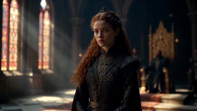 A young noblewoman in ornate attire, realistic style, in a dim medieval hall, symbolizing royalty and tradition