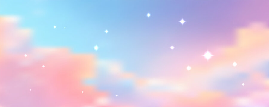Soft pink and blue gradient sky background features evening clouds and starlight creating magical sunset scenery ideal for cute cartoon illustrations and fairytale compositions.