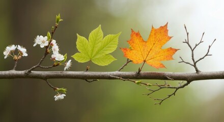 Fototapeta premium Branch showing the transition of seasons with leaves and blossoms