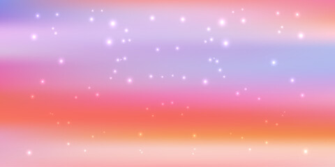 Fototapeta premium Dreamy pink and purple gradient sky background with glitter stars and soft clouds, perfect for fantasy princess designs and magical sunset scenes. Vector Illustration.