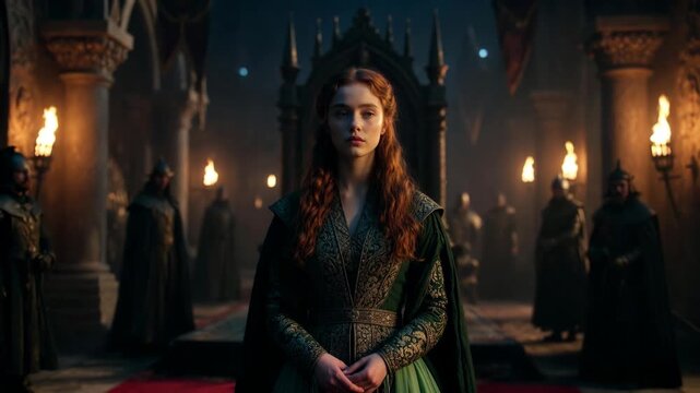 Young woman in ornate medieval attire in a castle hall, cinematic style on a dark torchlit background, concept of royalty