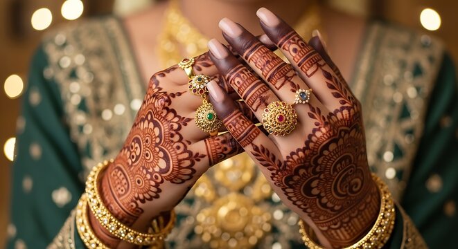 Close-up of intricately hennaed hands adorned with traditional bridal jewelry and gold bangles during wedding ceremony