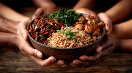 Obraz premium A diverse group of hands gather around a bowl of delicious food, symbolizing unity, sharing, and the joy of communal dining in a warm, inviting atmosphere.