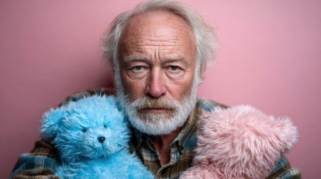 An elderly man with a thoughtful expression holds two colorful stuffed bears, capturing a moment of nostalgia and warmth that reflects the deep emotions associated with cherished memories.