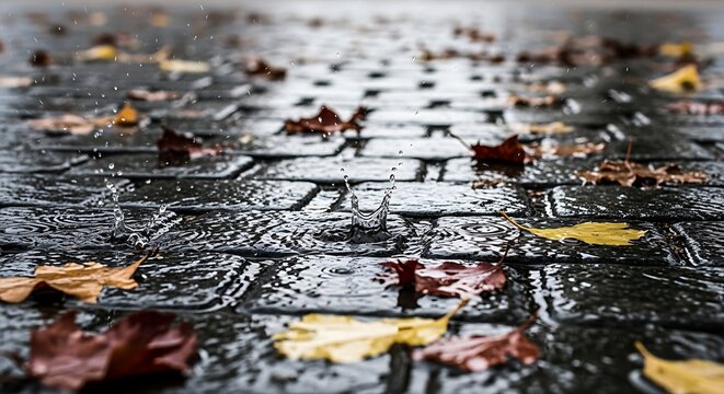 Raindrops splash on wet cobblestone with fallen leaves in autumn scene