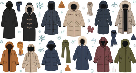 Winter coats collection with hooded jackets scarves and accessories isolated on white background cold weather fashion vector illustration set © Prodip