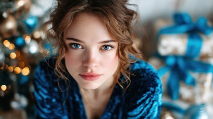 Fototapeta premium A stunning close-up of a young woman with enchanting blue eyes and styled hair, showcasing elegance and beauty amidst a warmly decorated backdrop, radiating charm and allure.