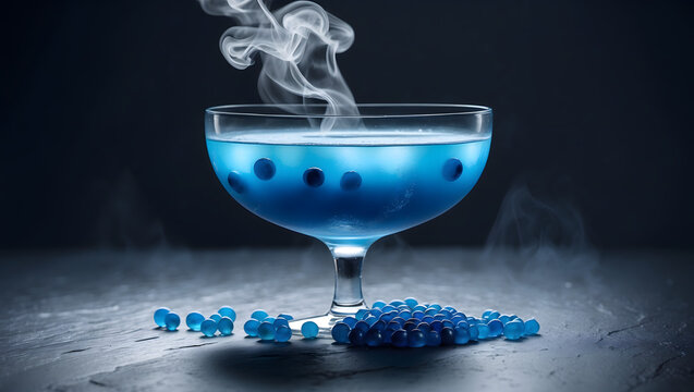 Creative molecular cocktail with blue pearls, fruit, and swirling smoke, served in a coupe glass on slate.