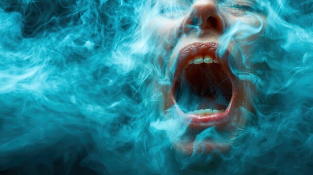 A dramatic image of a person screaming amidst swirling smoke, encapsulating raw emotion and intensity that speaks volumes about inner turmoil and expressive art.