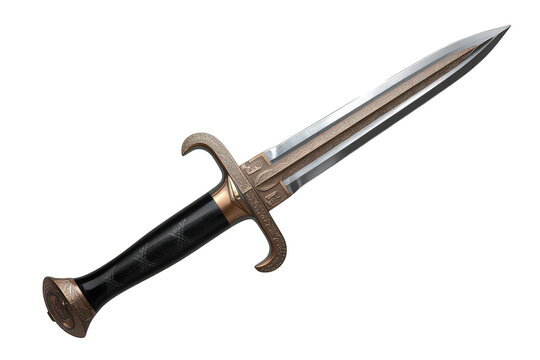 Fantasy dagger with ornate hilt and sharp steel blade for medieval combat, an antique weapon on transparent background