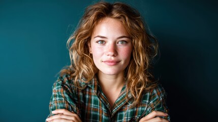 Fototapeta premium A charming portrait of a young woman with curly hair, wearing a plaid shirt against a simple backdrop, radiating confidence and approachability.
