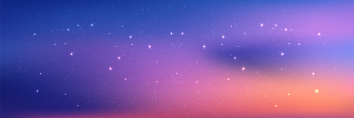 Fototapeta premium Dreamy pastel sky background with soft gradient colors, twinkling stars, and fluffy clouds creating a magical evening atmosphere perfect for fantasy designs and celestial skies.