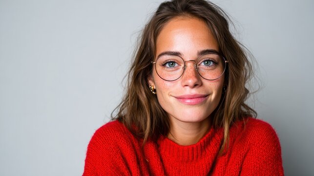 A joyful young woman, wearing glasses and a vibrant red sweater, radiates happiness and approachability, making a perfectly relatable portrait for modern lifestyle themes.