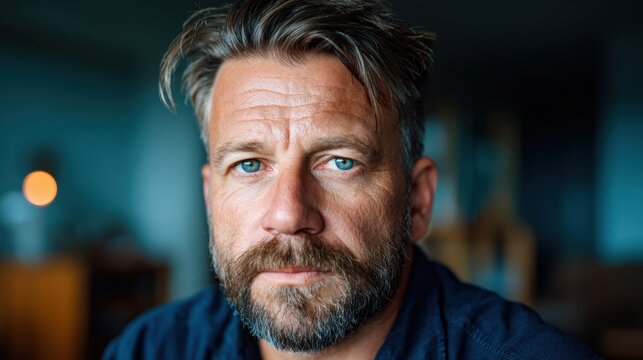 Close-up portrait of a middle-aged man with a beard and blue eyes, reflecting deep thoughts or emotions in a softly illuminated setting, provoking curiosity and introspection.