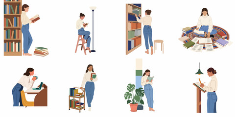 Fototapeta premium Flat vector illustration collection of a young woman engaged in various literary activities like reading, writing, studying, and organizing books at home.