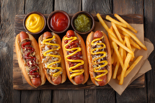 Cooking hot dogs with condiments and sides in a kitchen