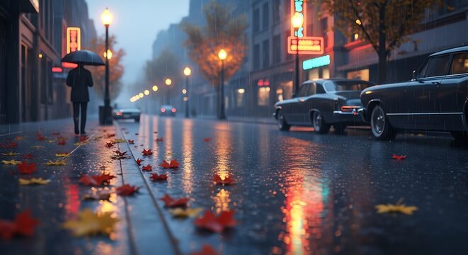 Rainy city street scene with illuminated storefronts and classic cars