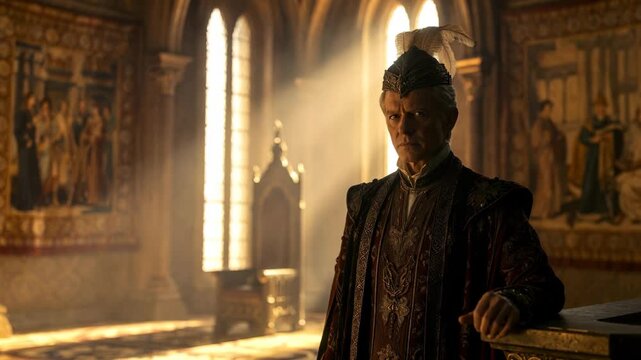 A medieval nobleman in ceremonial attire in a sunlit hall interior on warm golden background, concept of royalty and power
