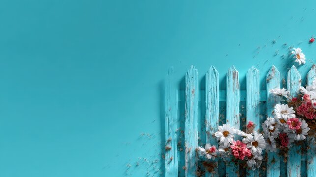 A charming blue fence sprinkled with vibrant flowers, creating a picturesque and inviting scene that reflects the essence of spring and the beauty of nature.