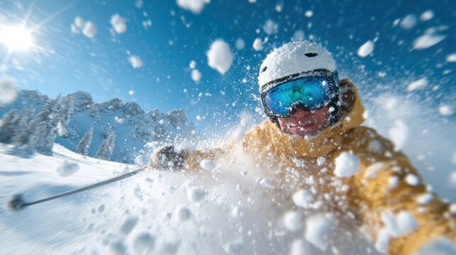 An exhilarating action shot captures a skier gracefully maneuvering through fresh powder snow, embodying the thrill and excitement of winter sports in a breathtaking landscape.