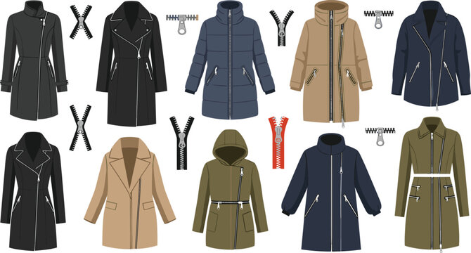Winter coats with zipper details collection including parkas and jackets flat vector illustration set