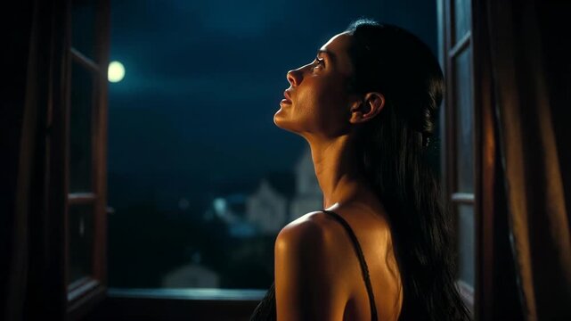 Portrait of a woman by an open window at night in cinematic style on a dark sky background, expressing solitude and mystery