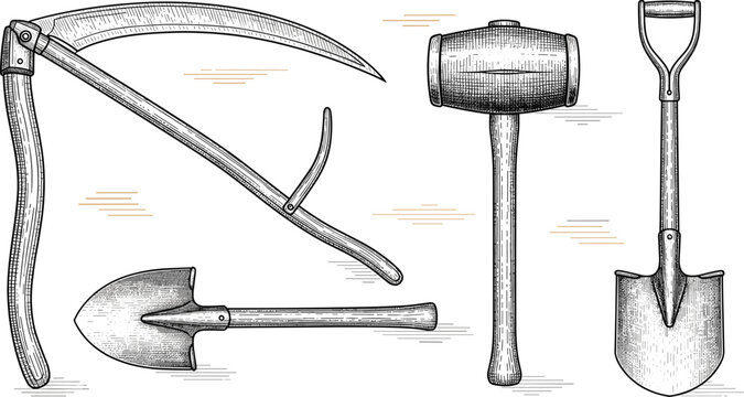Vintage engraving farming tools set with scythe shovel and mallet detailed hand drawn illustration