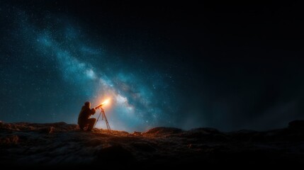 Fototapeta premium A silhouette of a person using a telescope to gaze at the Milky Way under a starlit sky, representing a connection to the cosmos and the wonders of the universe.