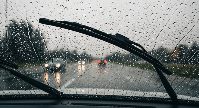 Rainy drive windshield wipers clearing water on highway with traffic