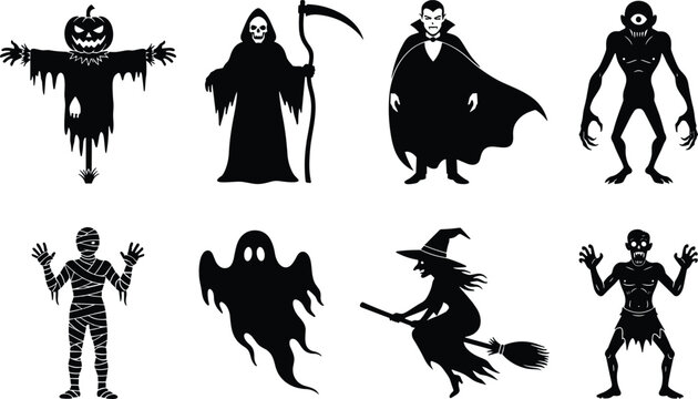 Black silhouette vector illustration showing classic Halloween characters including scarecrow, Grim Reaper, vampire, mummy, ghost, witch, zombie, and monster