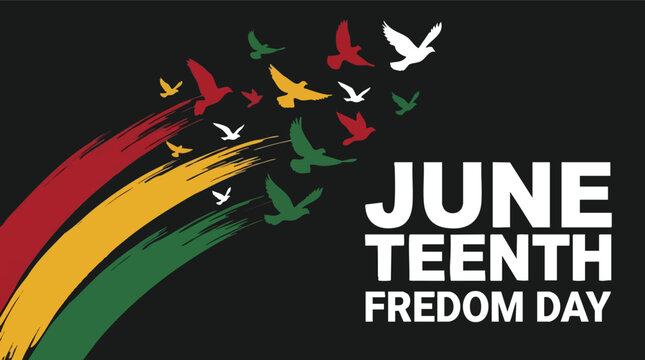 Juneteenth Freedom Day graphic with birds and motion strokes