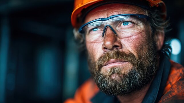 A hardworking individual wearing a helmet and protective eyewear gazes thoughtfully, symbolizing determination and resilience in a professional setting.