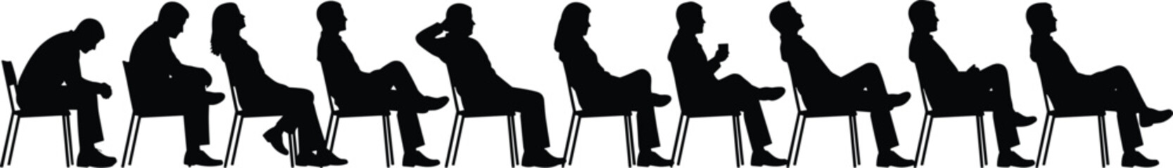 Black silhouette vector illustration showing seated human figures in progressive postures from slouched to upright confident sitting positions © Creative design