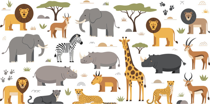 African safari animals collection with lion elephant giraffe zebra and wild fauna flat vector illustration set