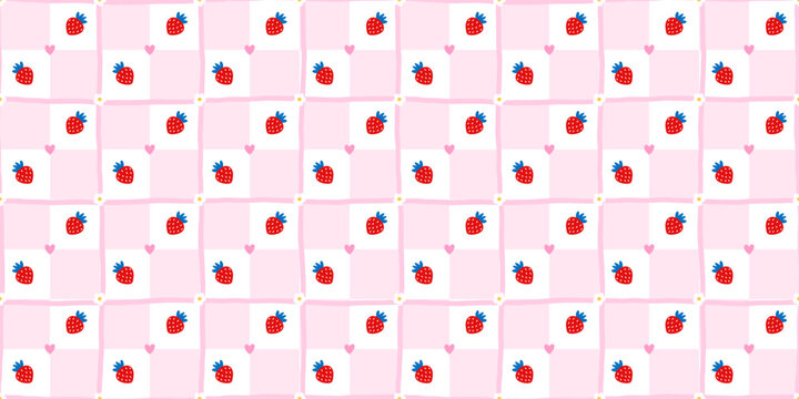 Strawberry floral spring with patchwork seamless flower and cute pattern berry. Kawaii blue cottagecore with stationery quilt print and check plaid bow. Checkered stripe strawberry.