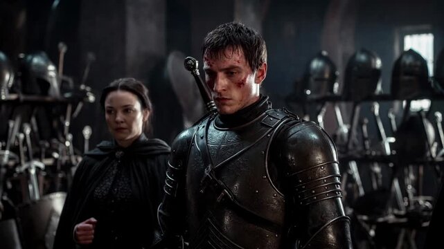 Battle-worn knight with a cloaked woman in a moody cinematic style, set in a dark armory, showing a concept of bravery and resilience