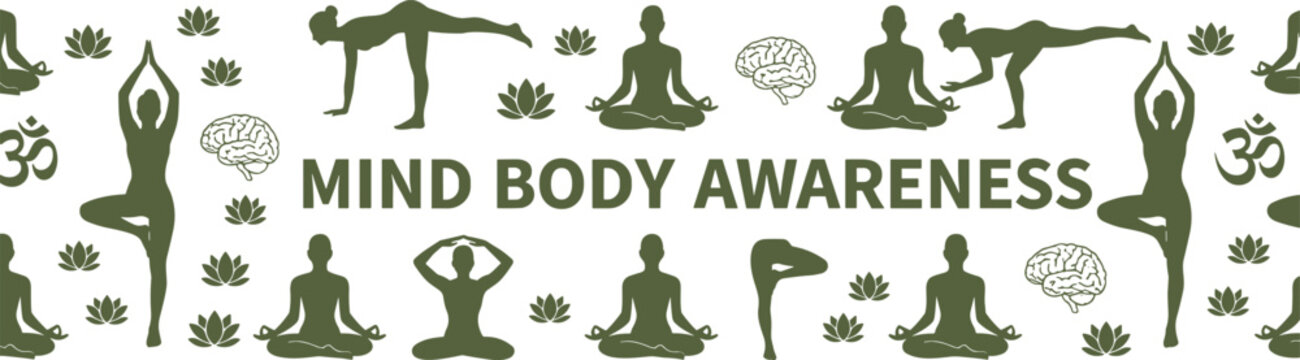 Green yoga and mindfulness design featuring silhouettes in poses with lotus, Om symbol, brain icons, and text Mind Body Awareness