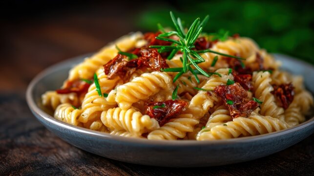 This beautiful dish showcases rotini pasta elegantly tossed with sun-dried tomatoes and herbs, appealing to those who savor Italian culinary delights.