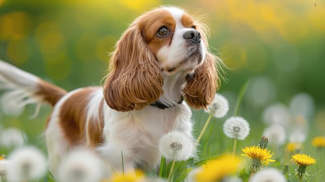 Cavalier king charles spaniel puppy exploring a meadow with dandelion flowers. A small dog sniffs and walks through spring grass. Animal nature life concept.