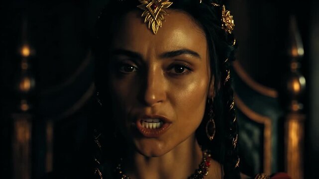 Close view of a woman in ornate attire, cinematic style, on a dark backdrop, concept of royalty and authority